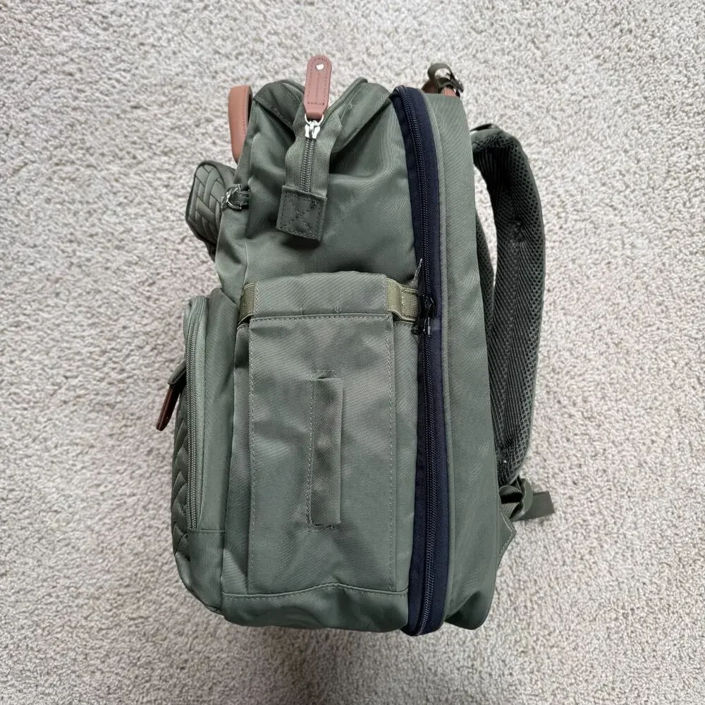 Jollito Green Nylon Diaper Bag Backpack USB Quilted Baby Travel Work Bag Large